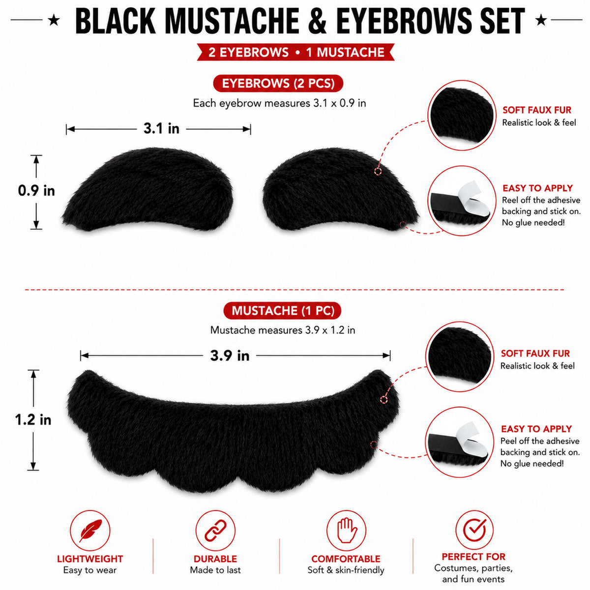 Black Costume Mustache & Eyebrows Set for Two - design and size details
