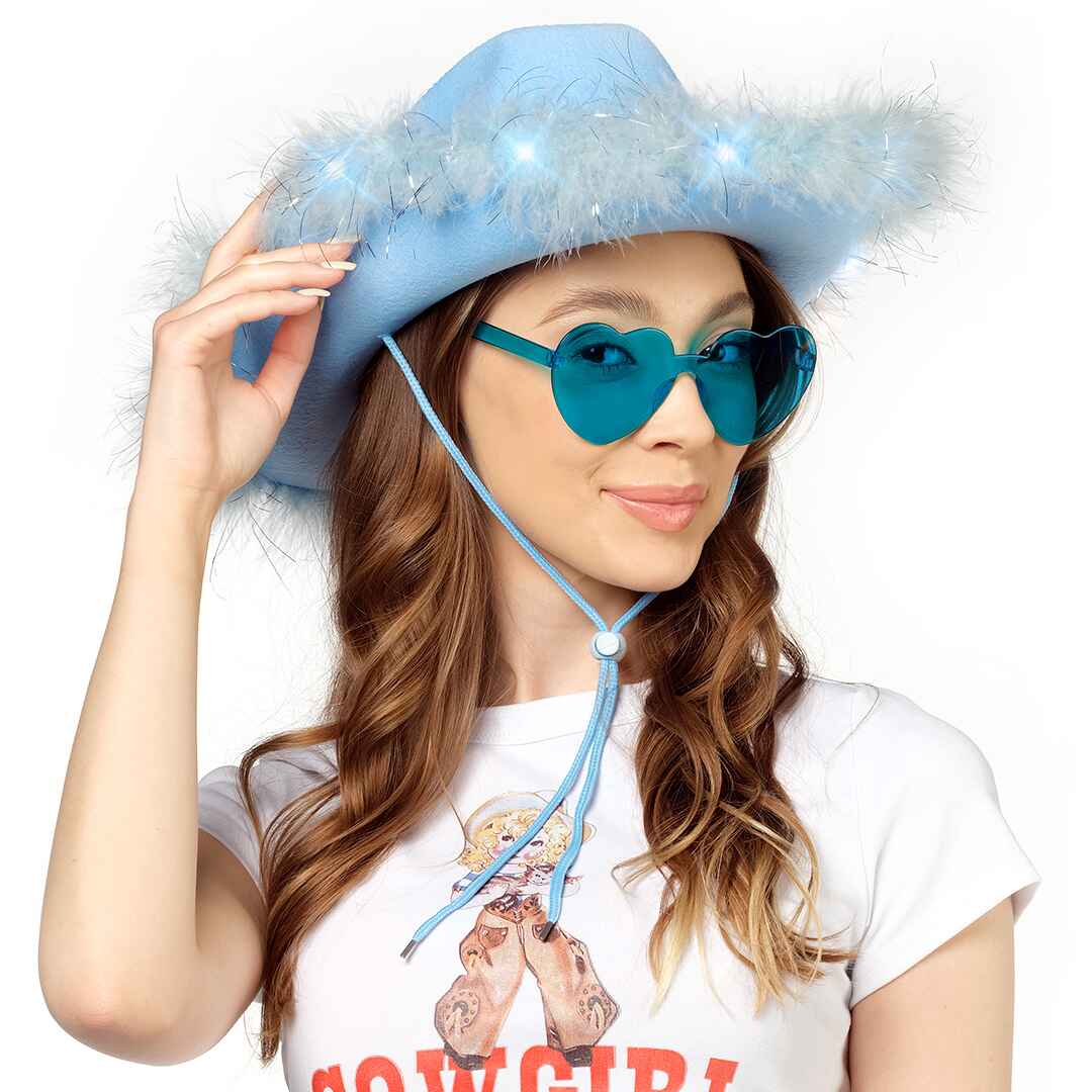  light blue cowboy hat, halloween light up cowboy hat with feathers,