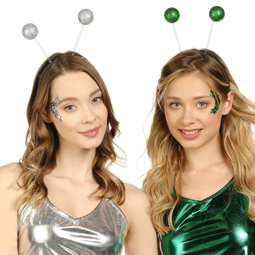  pcs silver, 1 pcs green alien antenna headband and 1 pcs silver, 1pcs green holographic chunky glitter