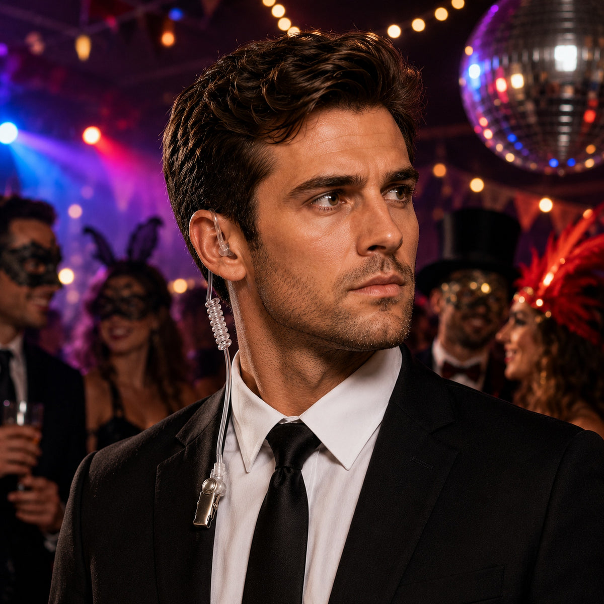 Clear Coiled Secret Agent Costume Earpiece styled for a costume party