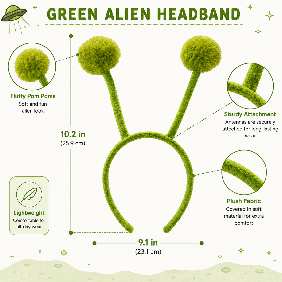 Green Pom-Pom Alien Antenna Headband - design and size details