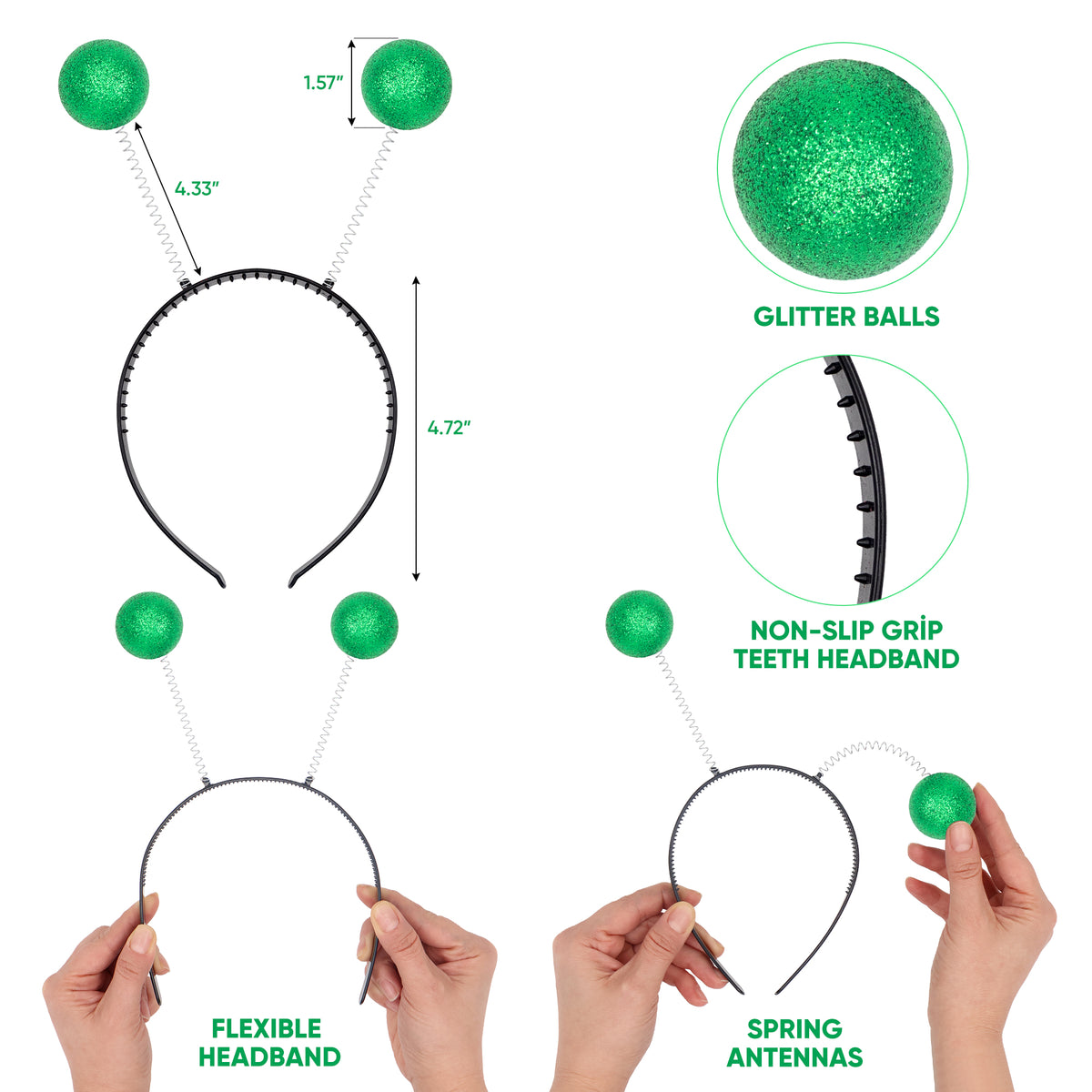 Alien Headband with Chunky Glitter - Alien Costume Accessories for Women- Silver and Green (2 PCS) - FUNCREDIBLE
