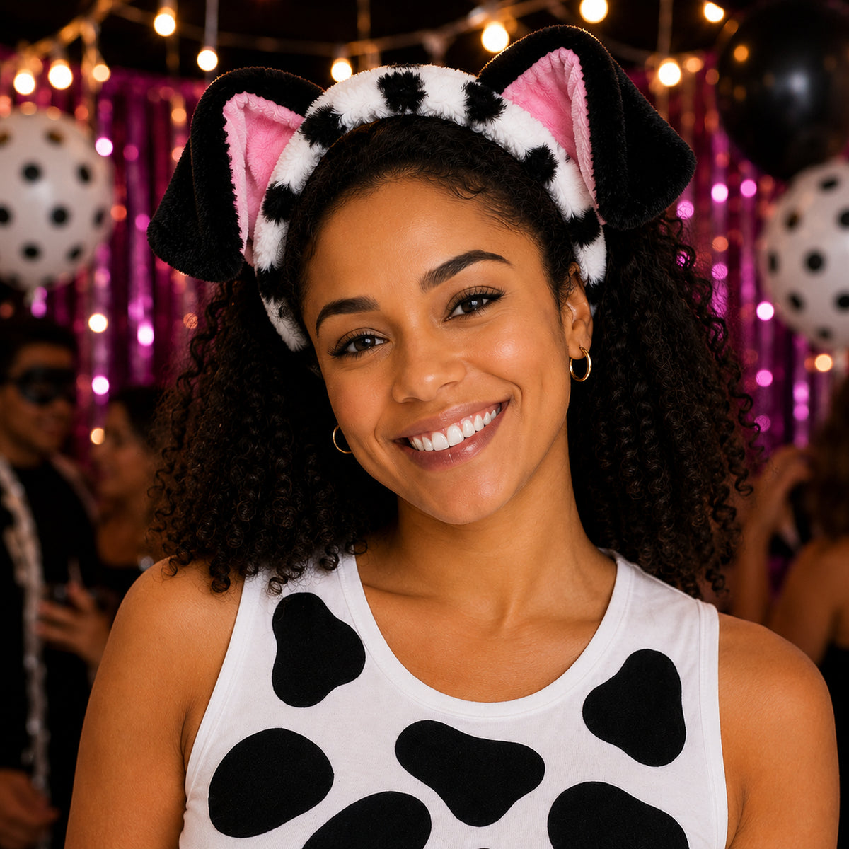 Black Dalmatian Ears Headband & Spot Sheet styled for a costume party