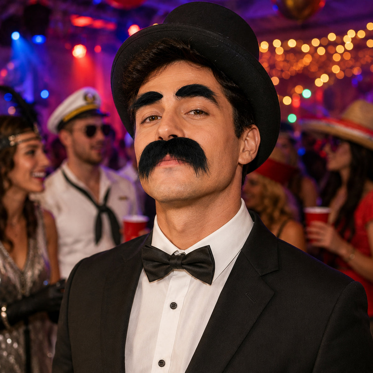 Bushy Black Costume Mustache & Eyebrows Set styled for a costume party