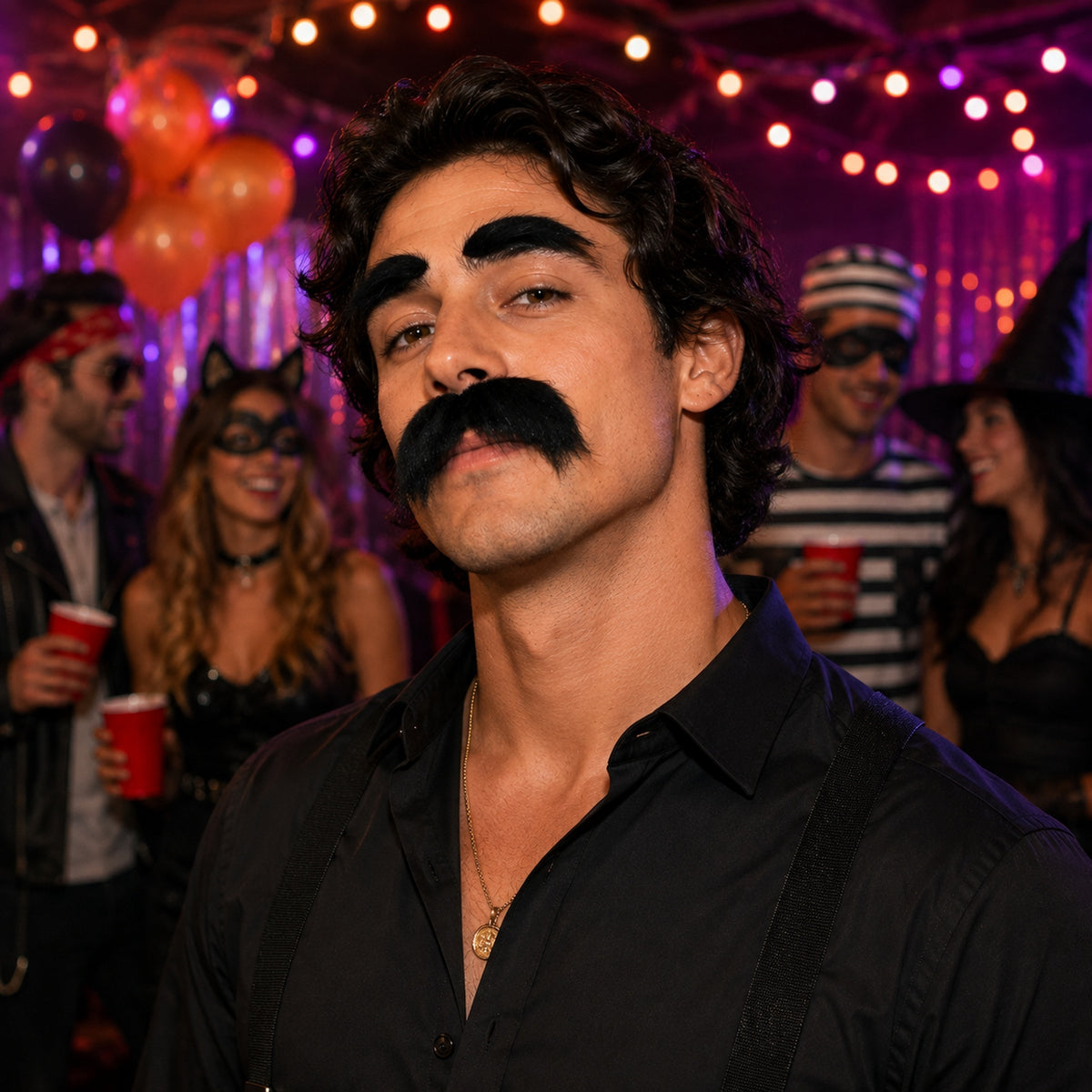 Bushy Black Costume Mustache & Eyebrows Set styled for a costume party - alternate view