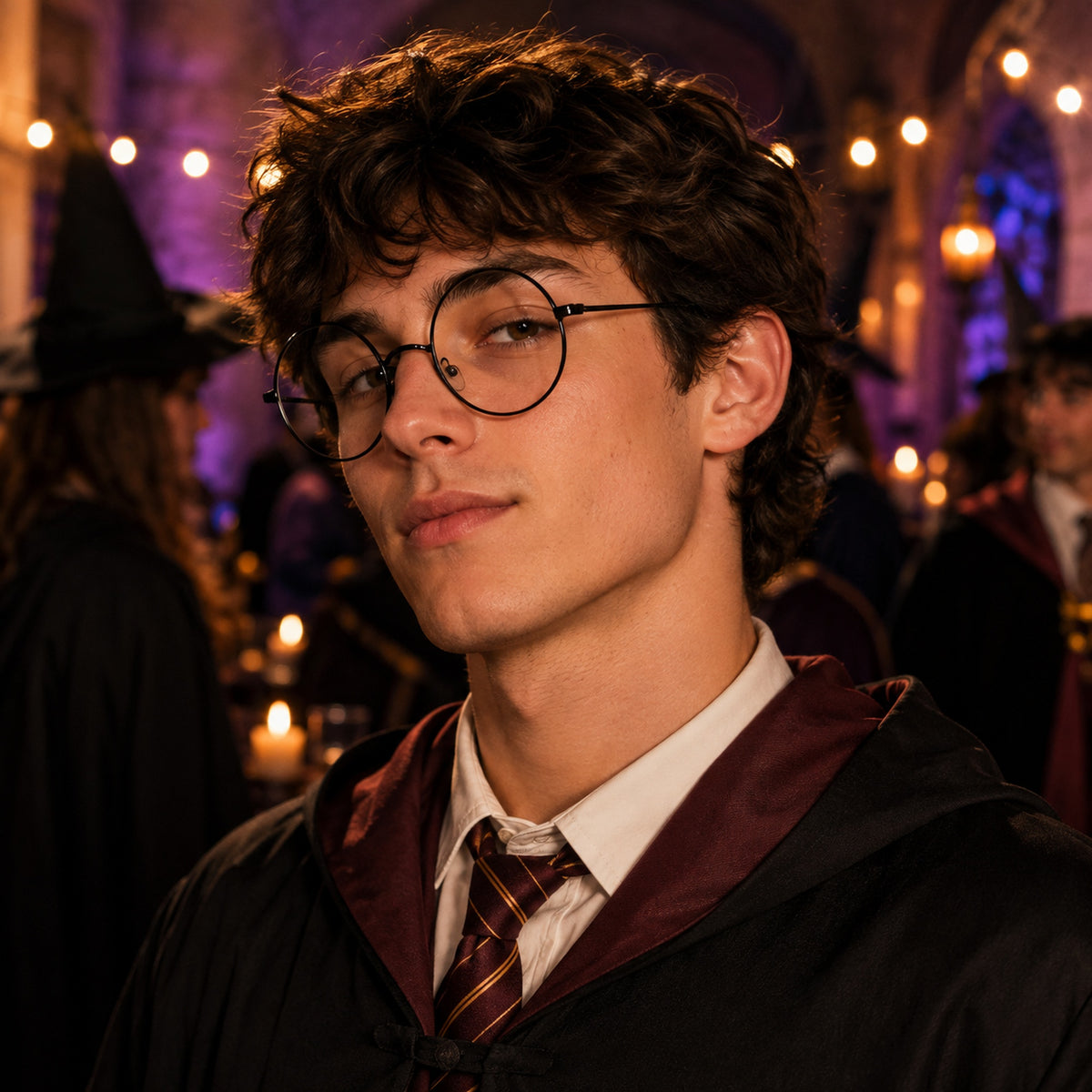 Round Thin Black Costume Glasses styled for a costume party - alternate view