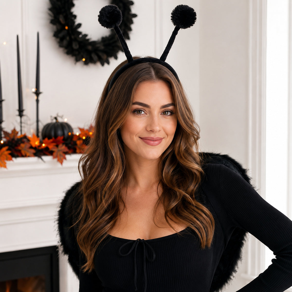 Black Pom-Pom Antenna Costume Headband styled for a costume party