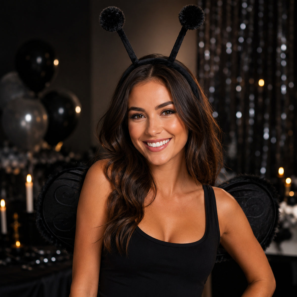 Black Pom-Pom Antenna Costume Headband styled for a costume party - alternate view