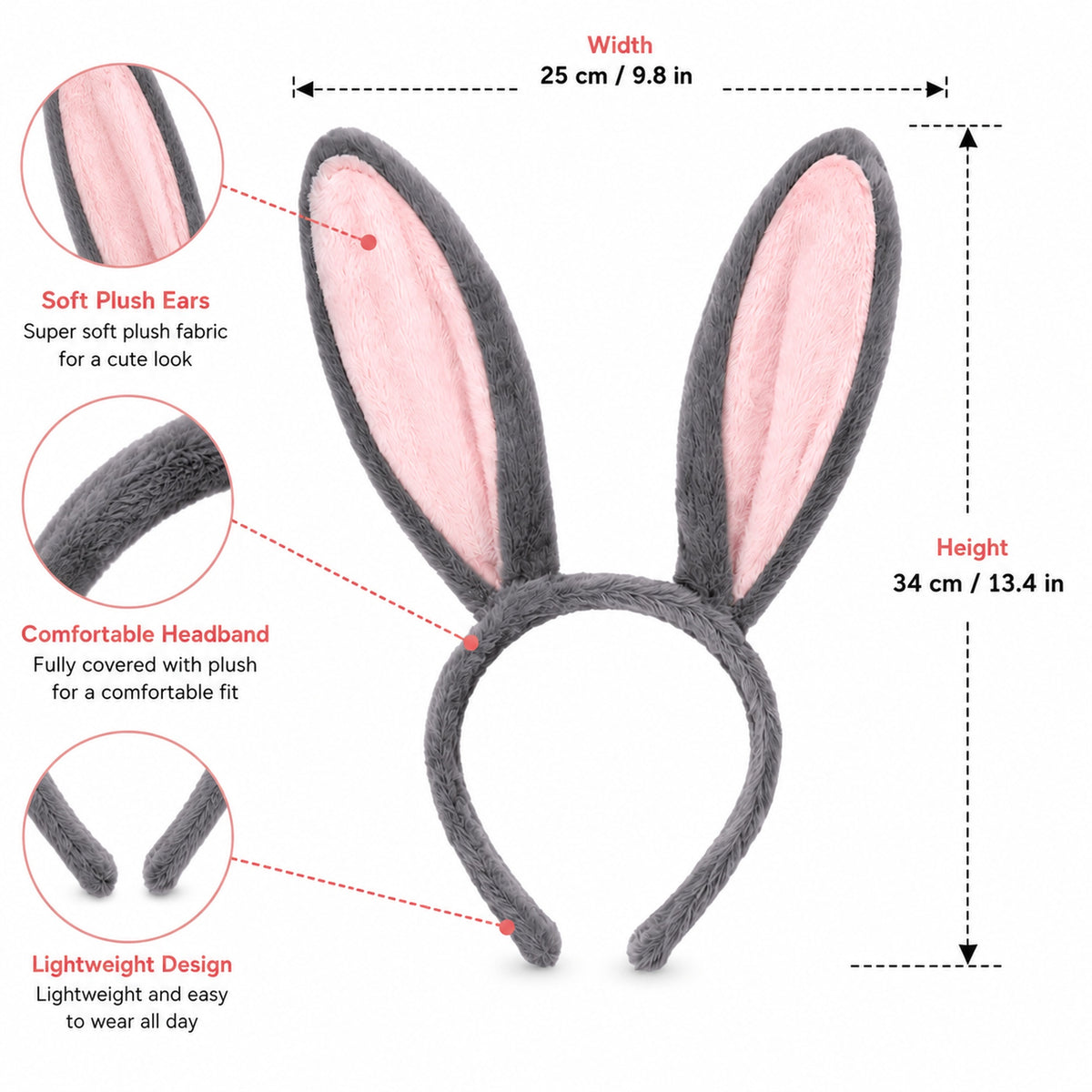 Bunny & Fox Ears Headband Costume Set - design and size details