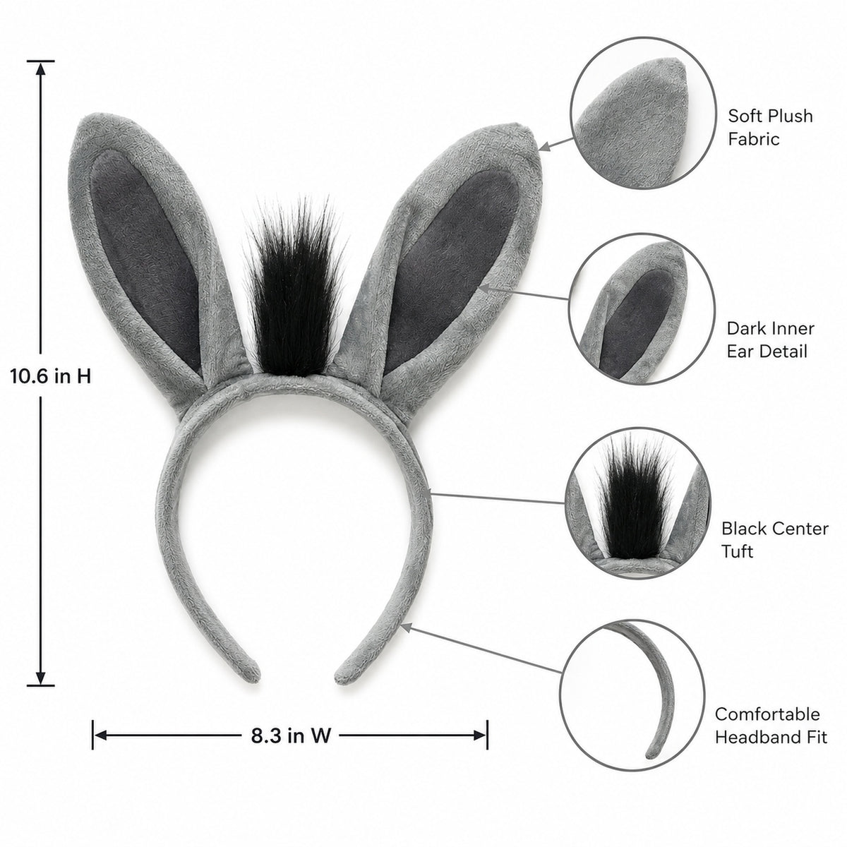 Gray Donkey Ears Costume Headband - design and size details