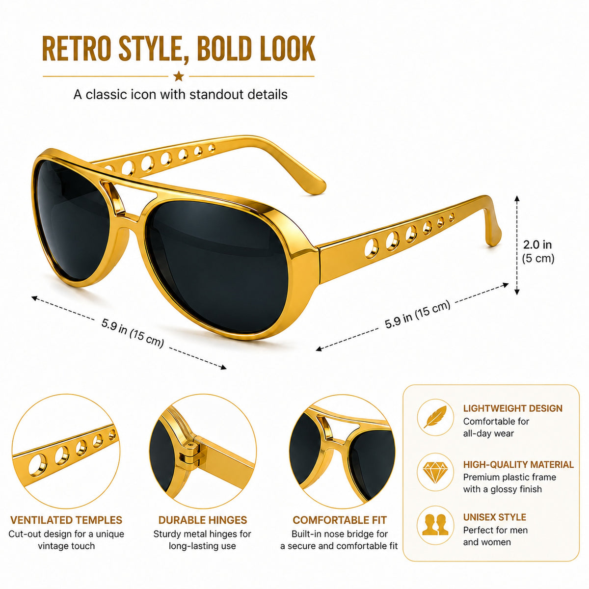 Gold Retro Aviator Costume Glasses - design and size details