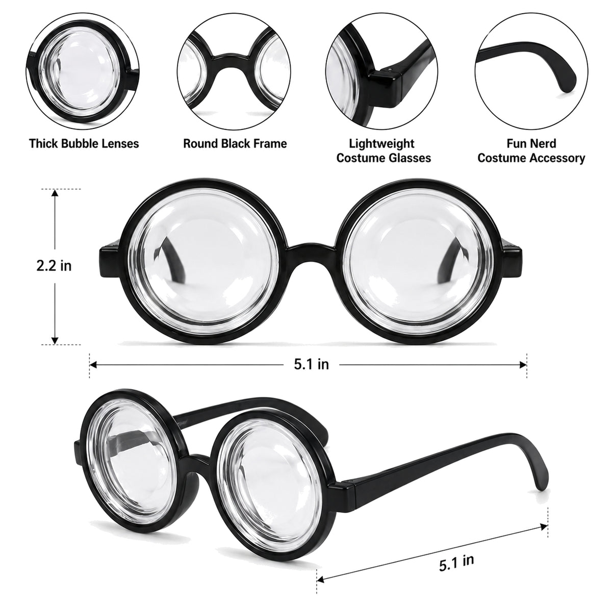 Round Bubble-Lens Novelty Costume Glasses - design and size details