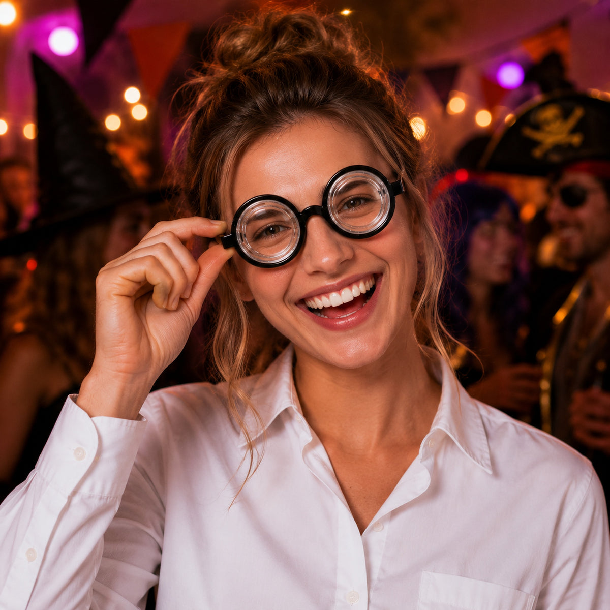 Round Bubble-Lens Novelty Costume Glasses styled for a costume party - alternate view