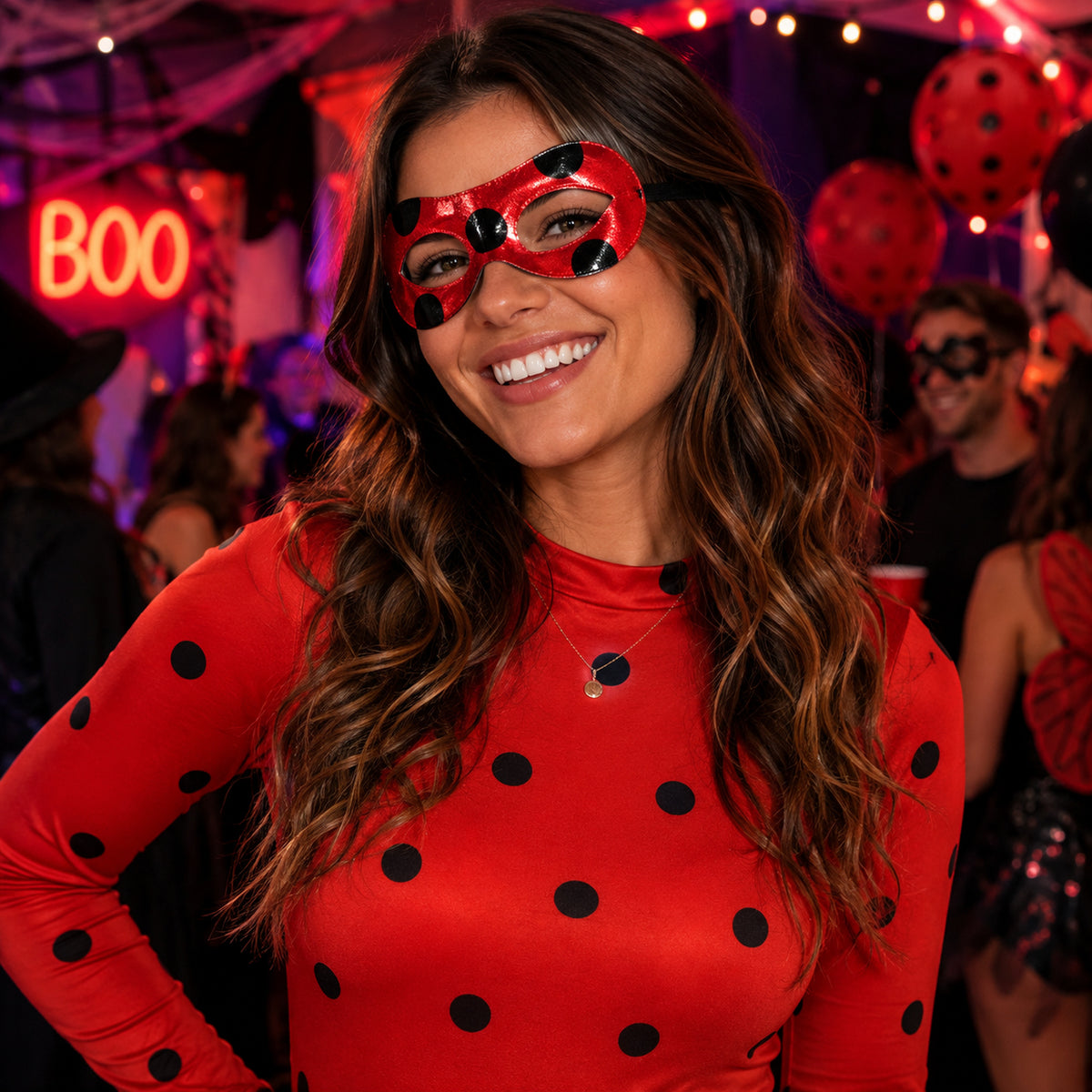 Ladybug Eye Mask & Black Spot Sheet Set styled for a costume party - alternate view