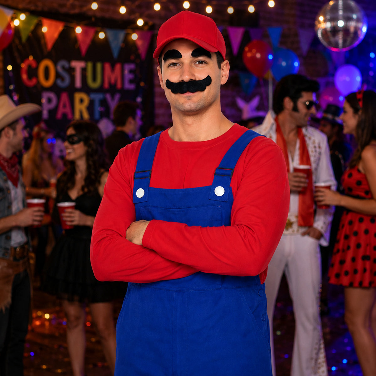 Black Scalloped Costume Mustache & Eyebrows styled for a costume party