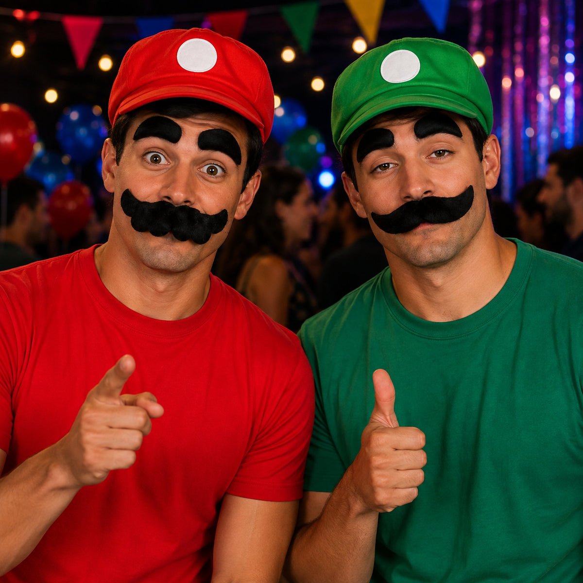 Black Costume Mustache & Eyebrows Set for Two styled for a costume party - alternate view