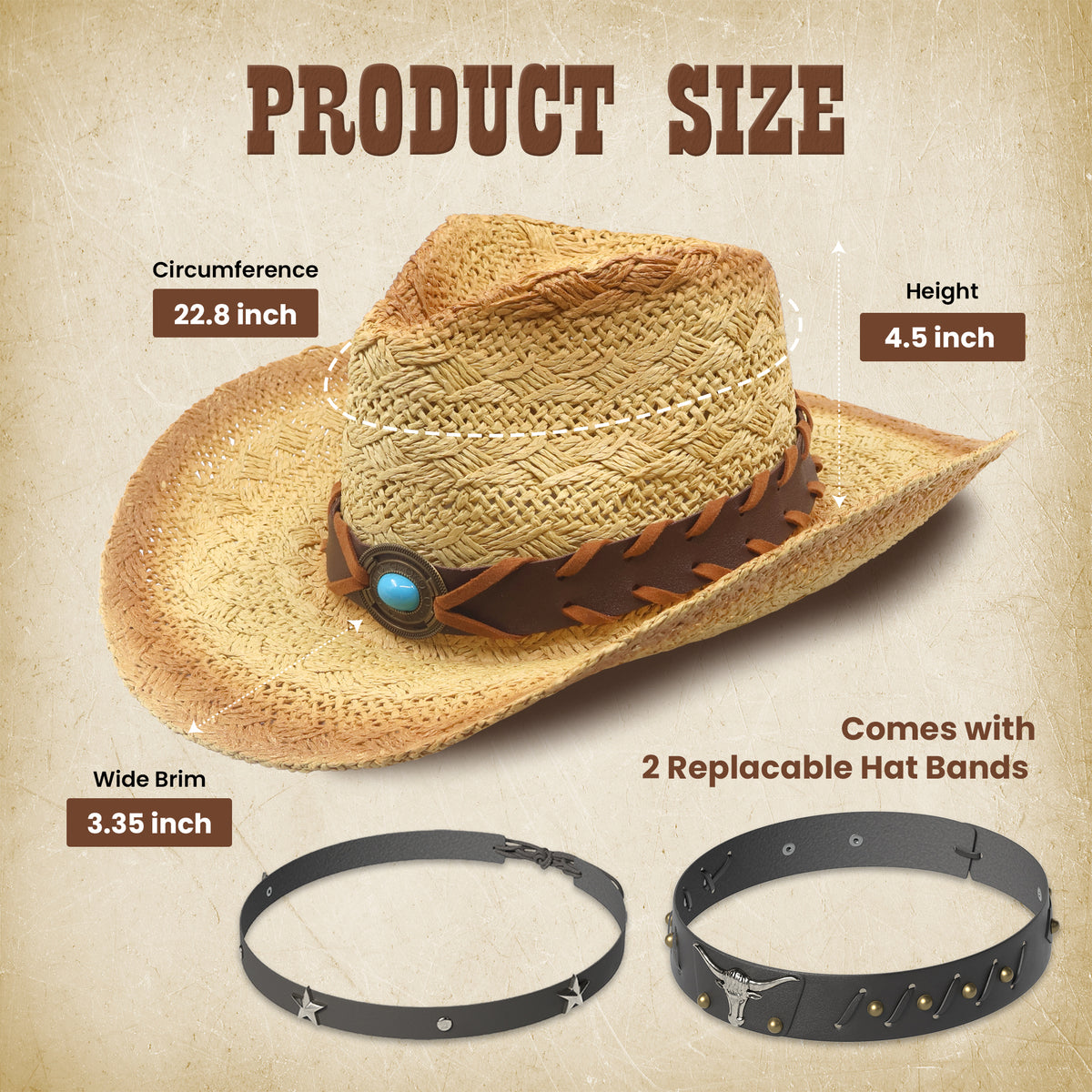 Funcredible Straw Cowboy Hat - Woven Cowgirl Hat with 3 Replaceable Hat Bands - Vintage Western Cowgirl Hat - Aesthetic Cowboy Hat for Women and Men Western Style - Trendy Cowgirl Cowboy Hat