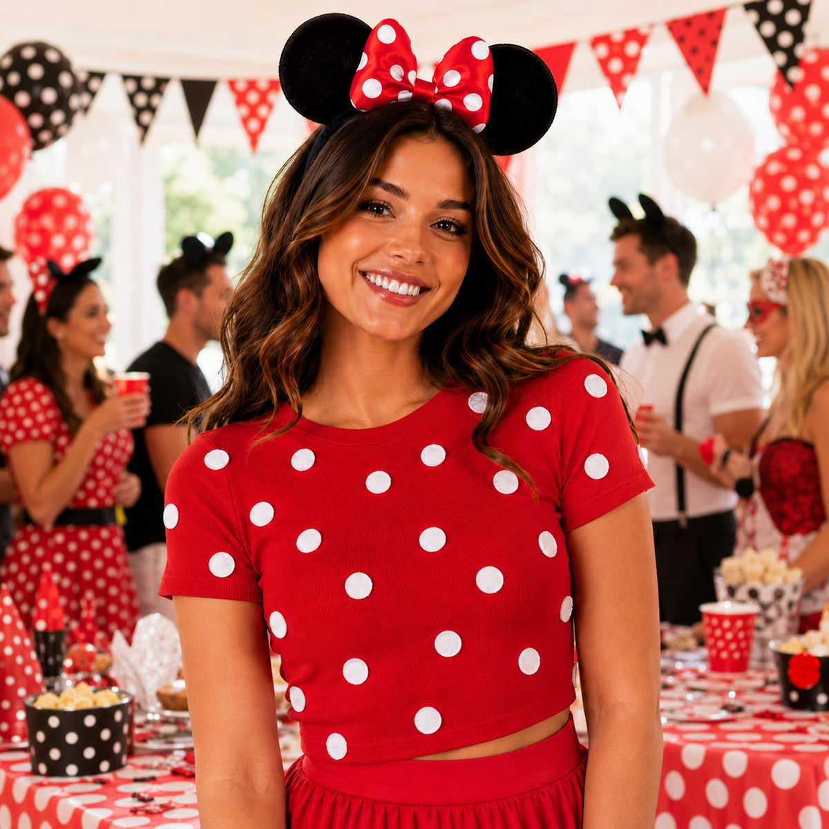 Classic Mouse Ears with Red Bow & Dot Sheet styled for a costume party - alternate view