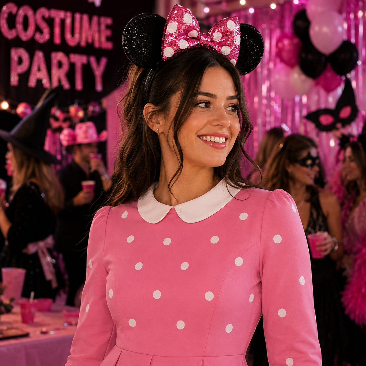 Pink Bow Sequin Mouse Ears & Dot Sheet styled for a costume party - alternate view
