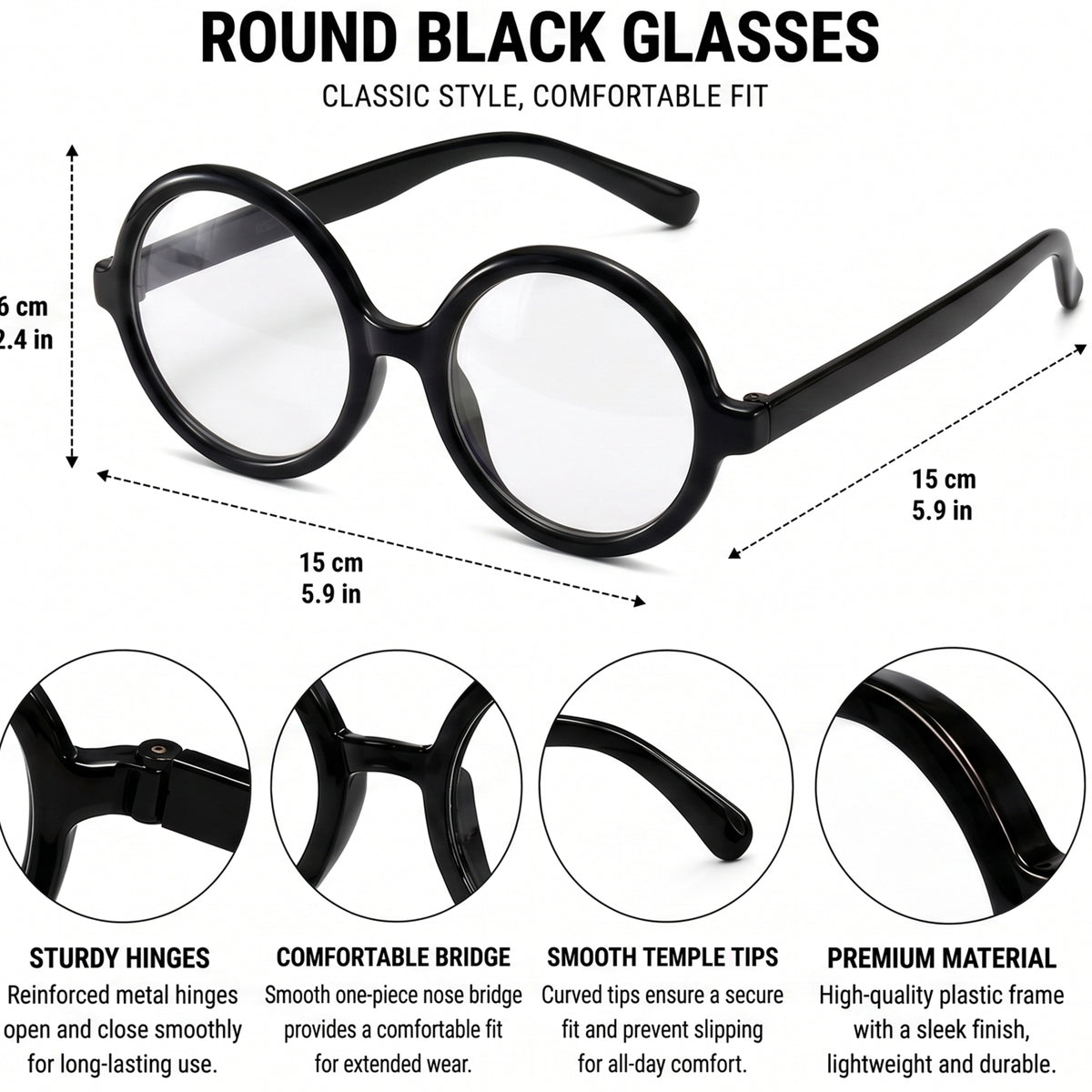 Round Black Wizard Costume Glasses - design and size details
