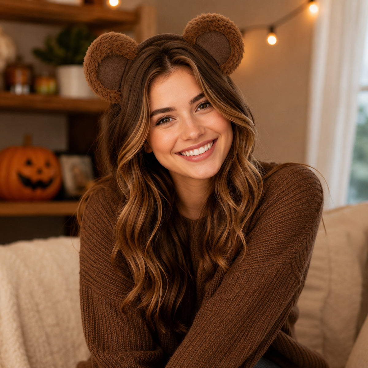 Plush Brown Bear Ears Headband styled for a costume party
