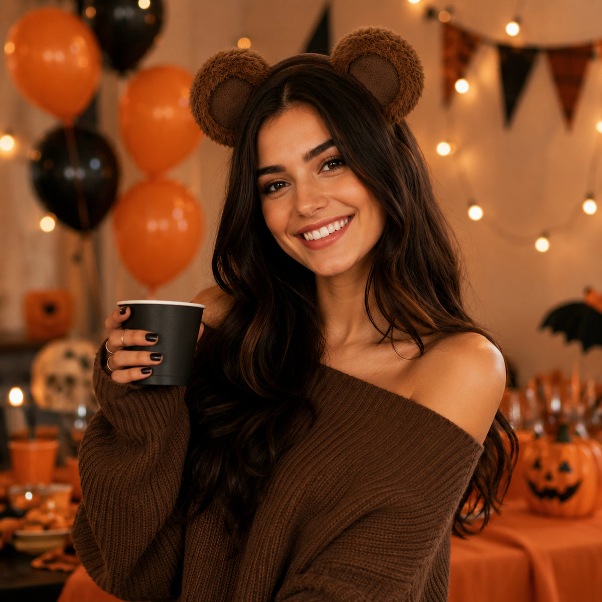 Plush Brown Bear Ears Headband styled for a costume party - alternate view