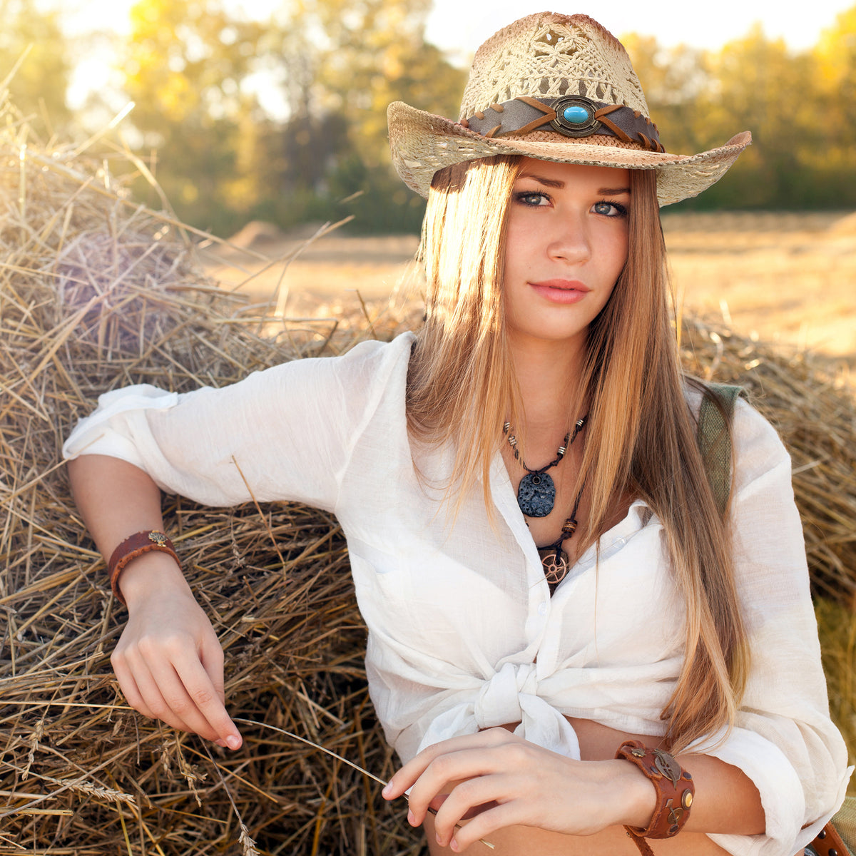 Funcredible Straw Cowboy Hat - Woven Cowgirl Hat with 3 Replaceable Hat Bands - Vintage Western Cowgirl Hat - Aesthetic Cowboy Hat for Women and Men Western Style - Trendy Cowgirl Cowboy Hat