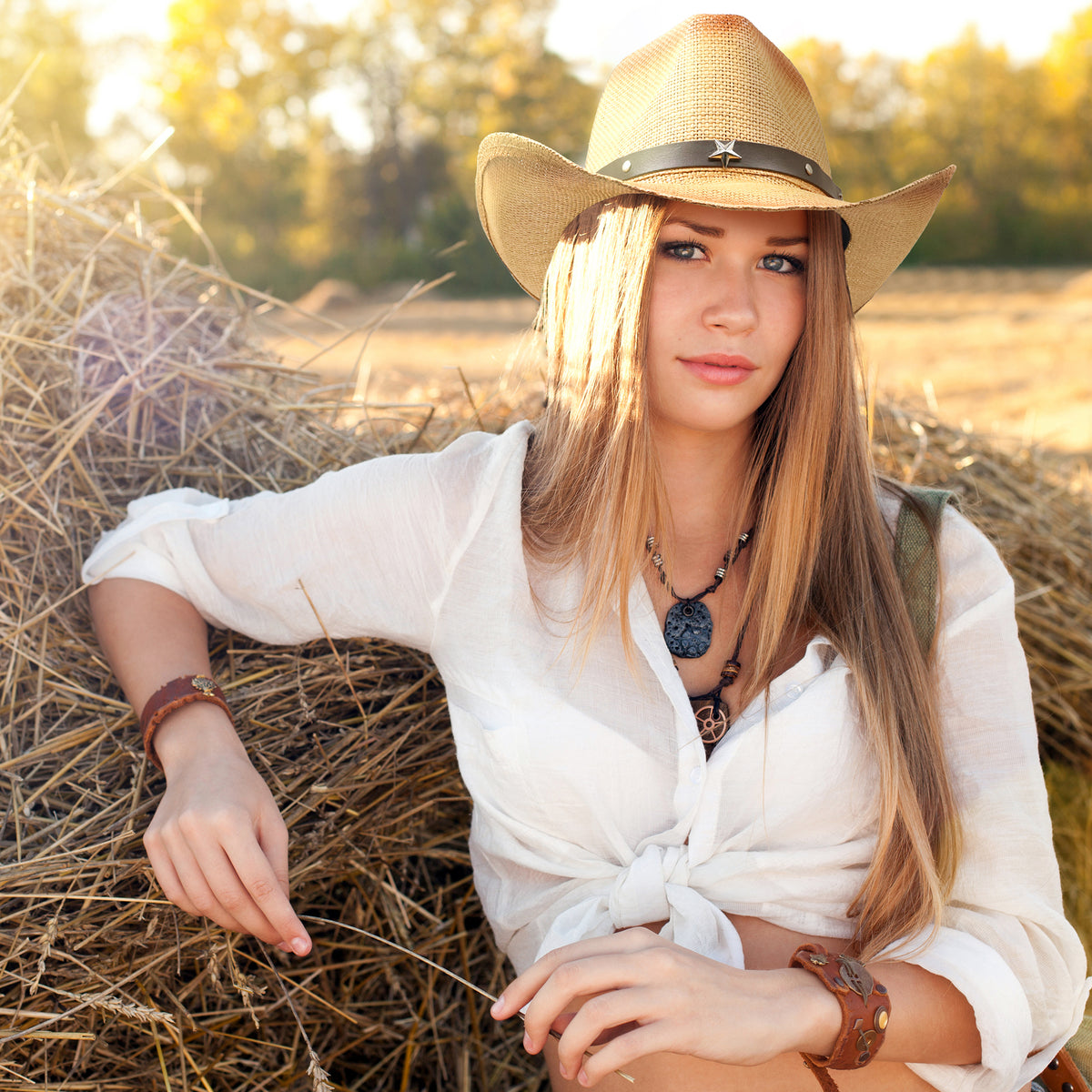 Funcredible Straw Cowboy Hat - Woven Cowgirl Hat with 3 Replaceable Hat Bands - Vintage Western Cowgirl Hat - Aesthetic Cowboy Hat for Women and Men Western Style - Trendy Cowgirl Cowboy Hat