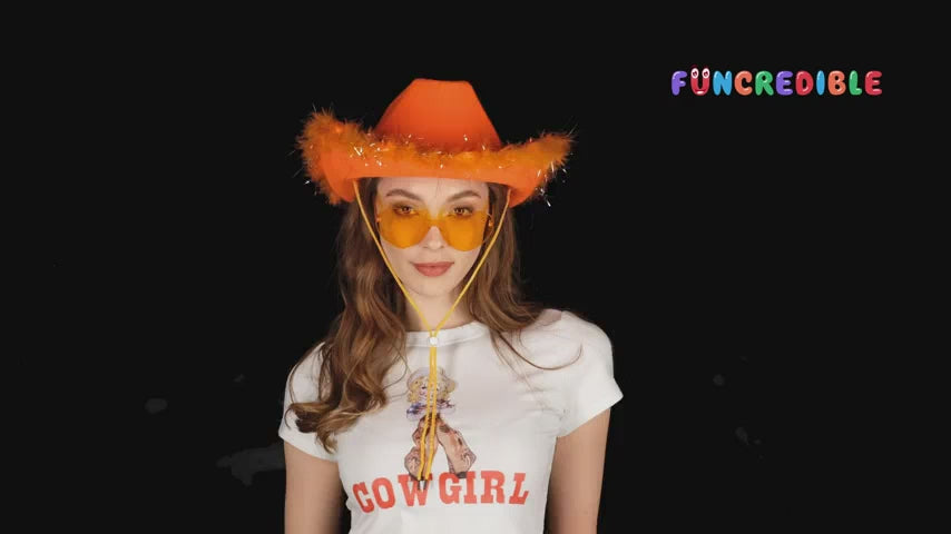 Funcredible Orange Cowgirl Hat with Glasses