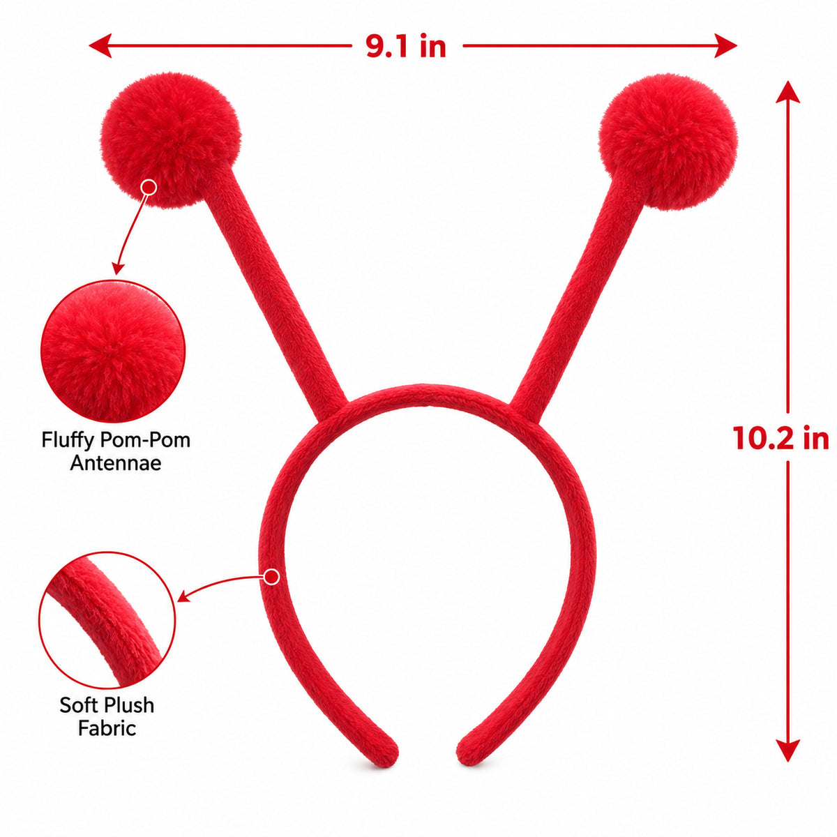 Red ladybug headband dimensions and plush antenna details