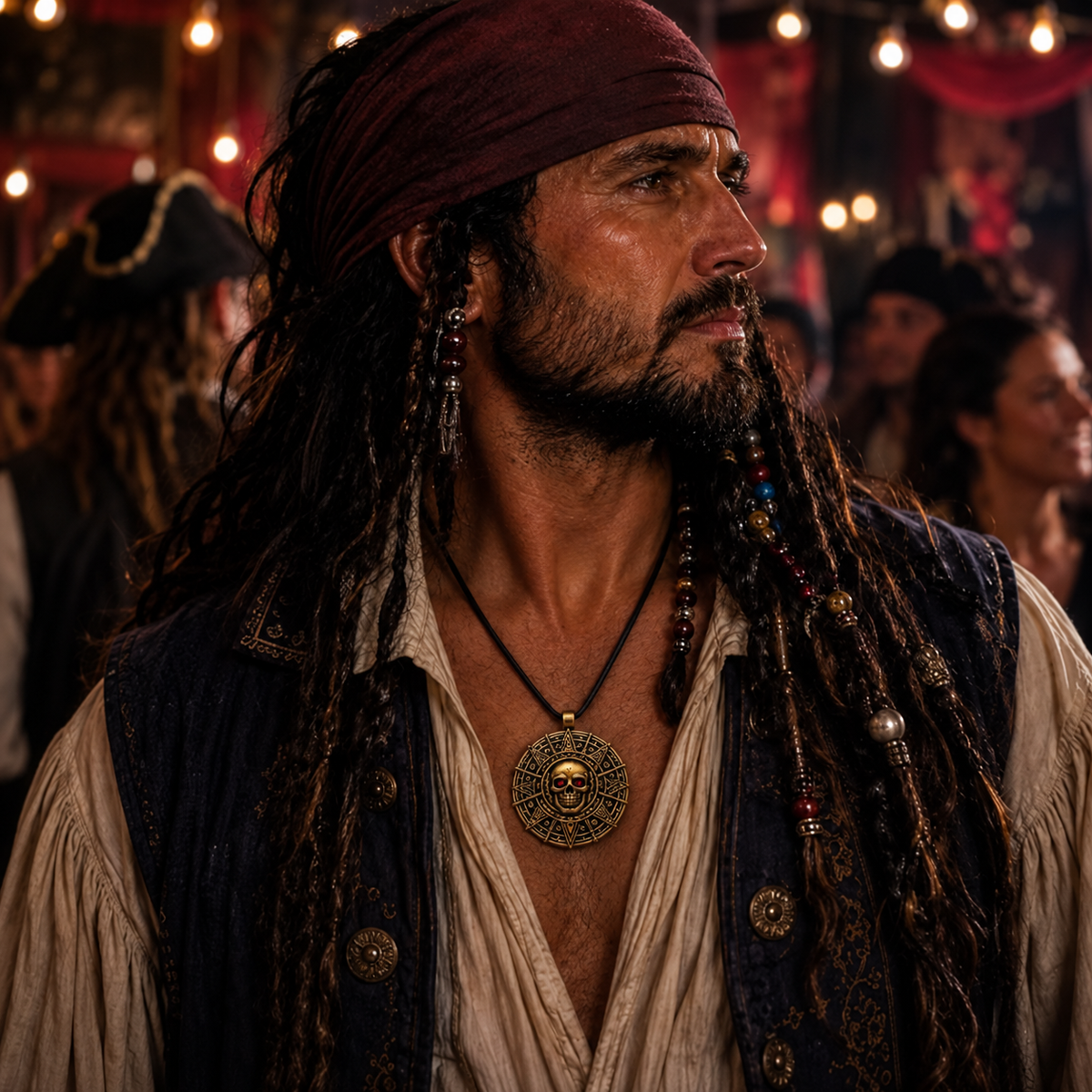 Skull medallion necklace worn with a pirate costume at a party