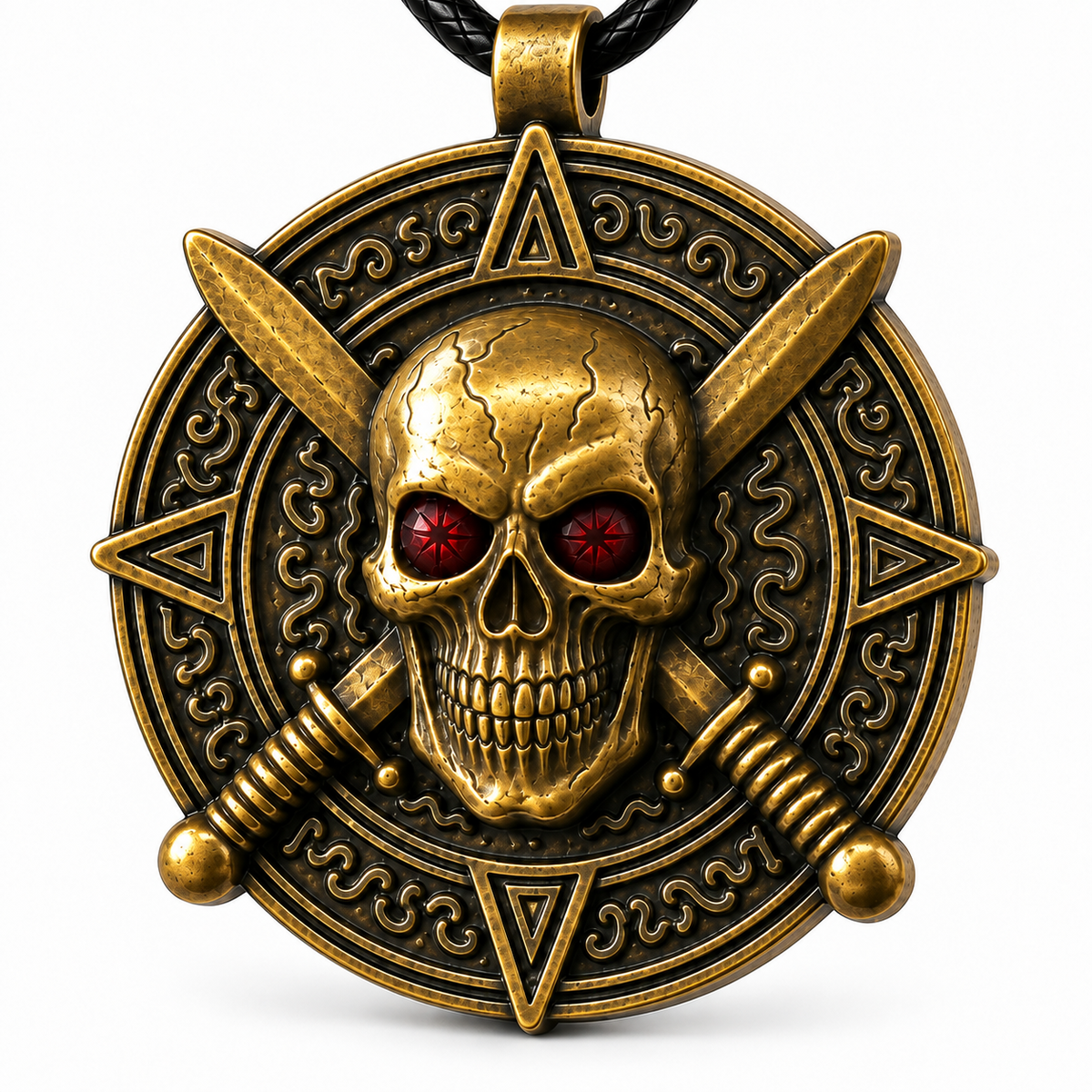 Antique gold-tone skull and crossed swords medallion necklace on white
